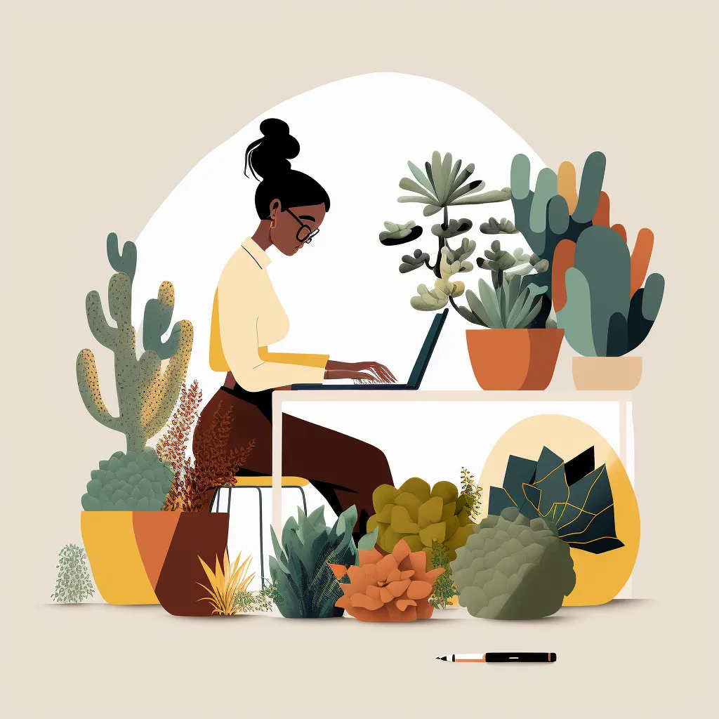 tech illustration, woman at desk surrounded by succulents, simple minimal, by slack and dropbox, style of behance
